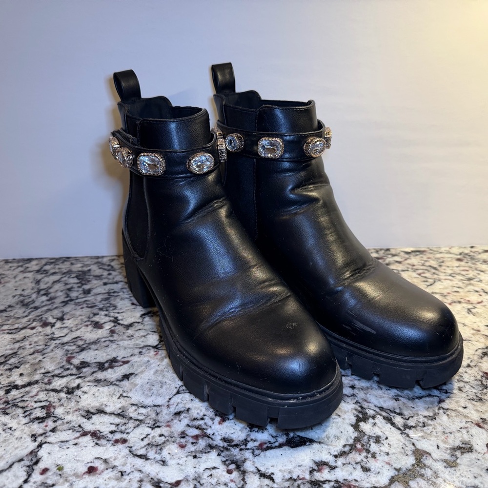 Madden Girl Honeyy Black Combat Boots with Crystal Accents size 9.5